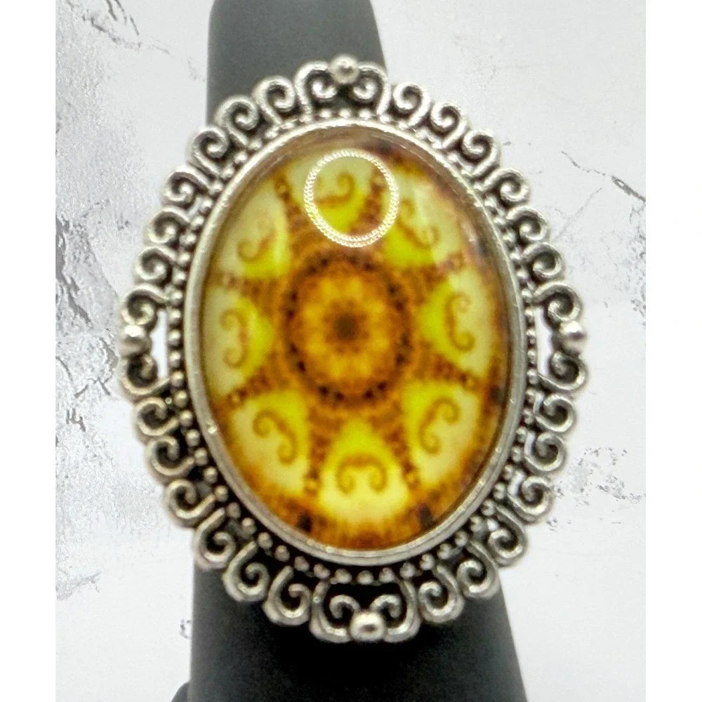 Yellow Sunburst Statement Ring Silver Tone Adjustable Boho Oval Ring 1.5